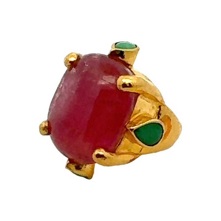 24 Karat Yellow Gold Cabochon Pink Tourmaline & Jade Statement Ring