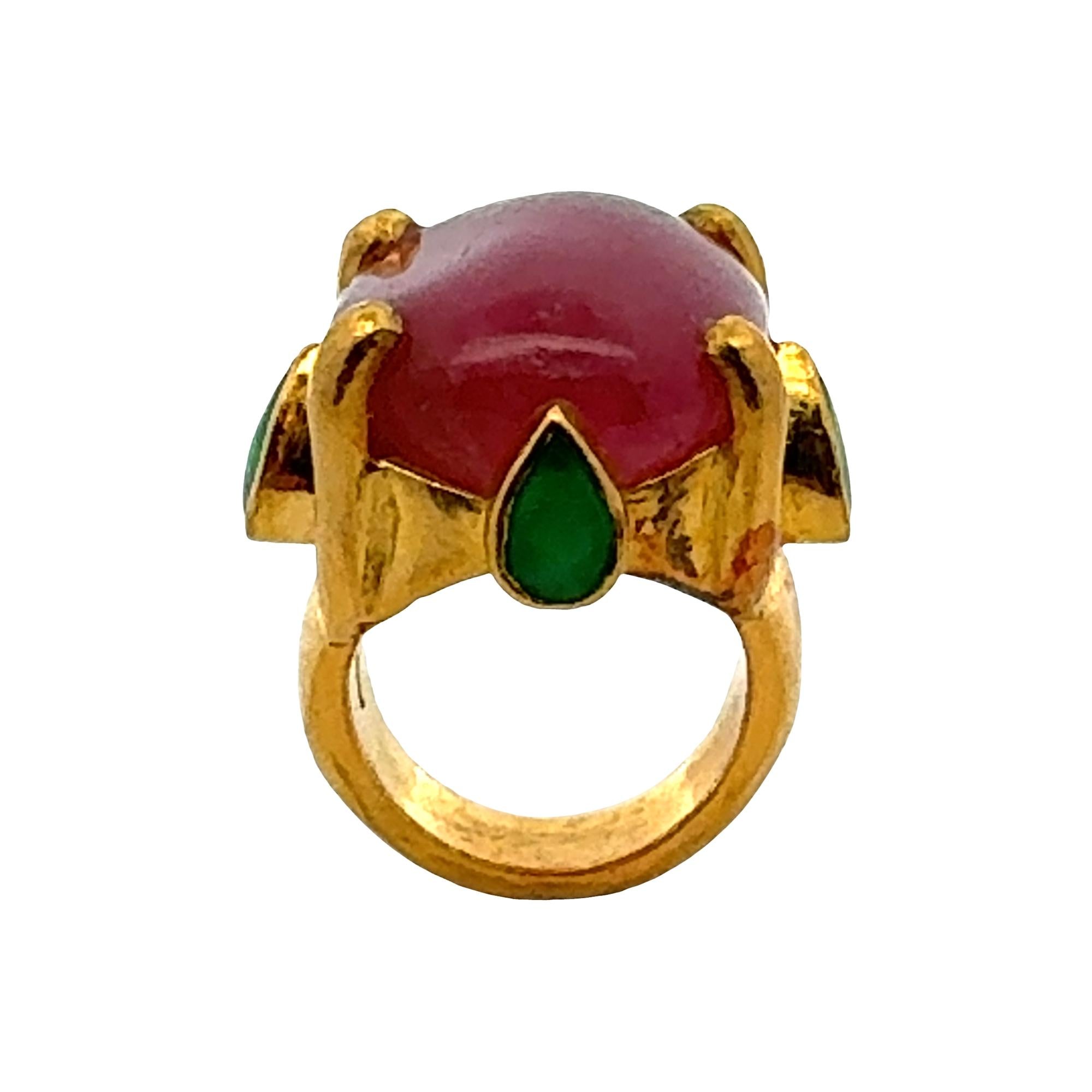 24 Karat Yellow Gold Cabochon Pink Tourmaline & Jade Statement Ring
