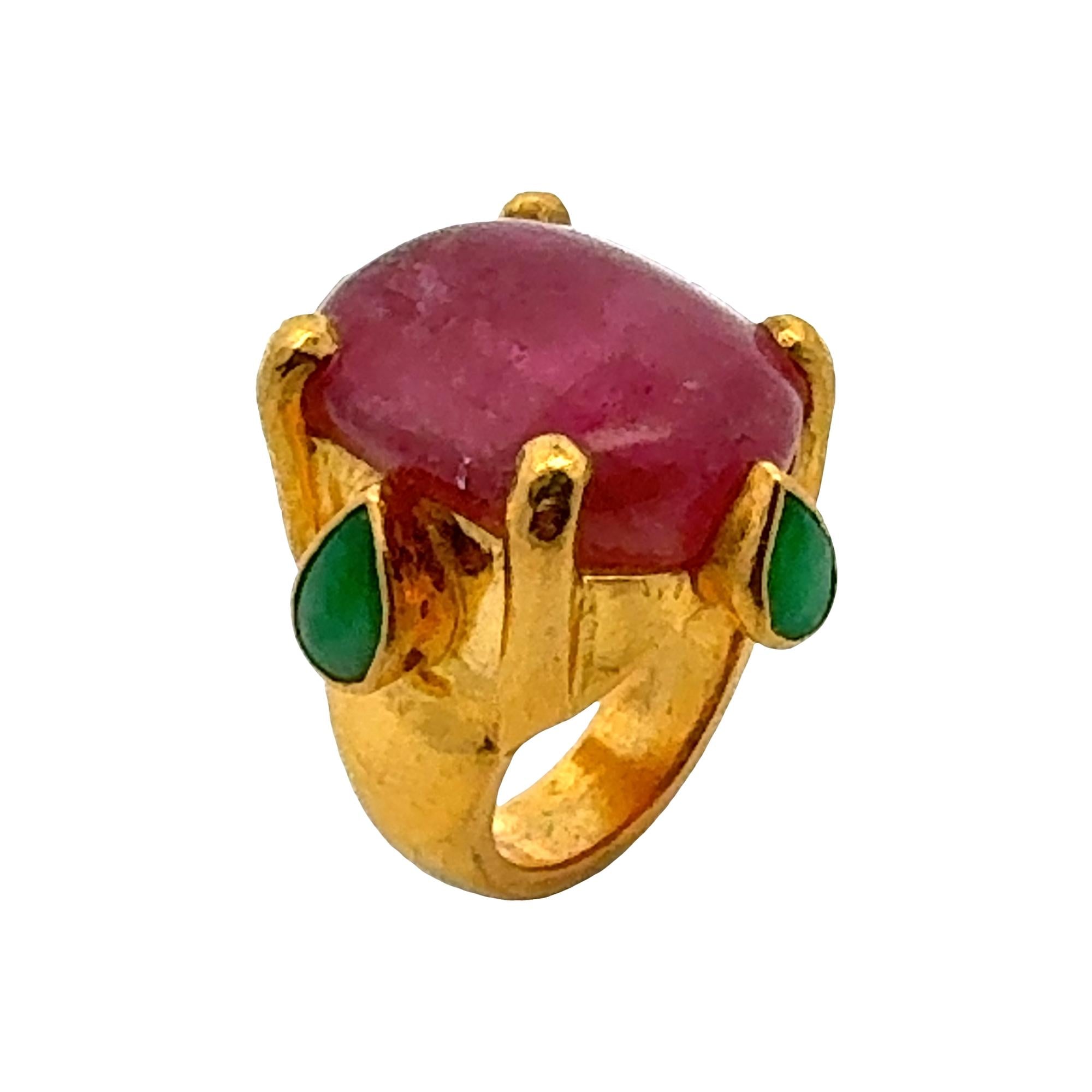 24 Karat Yellow Gold Cabochon Pink Tourmaline & Jade Statement Ring