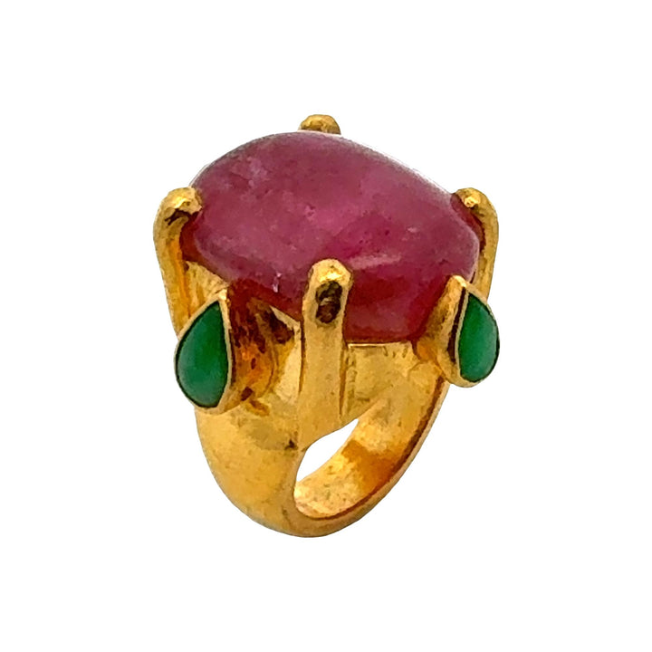 24 Karat Yellow Gold Cabochon Pink Tourmaline & Jade Statement Ring