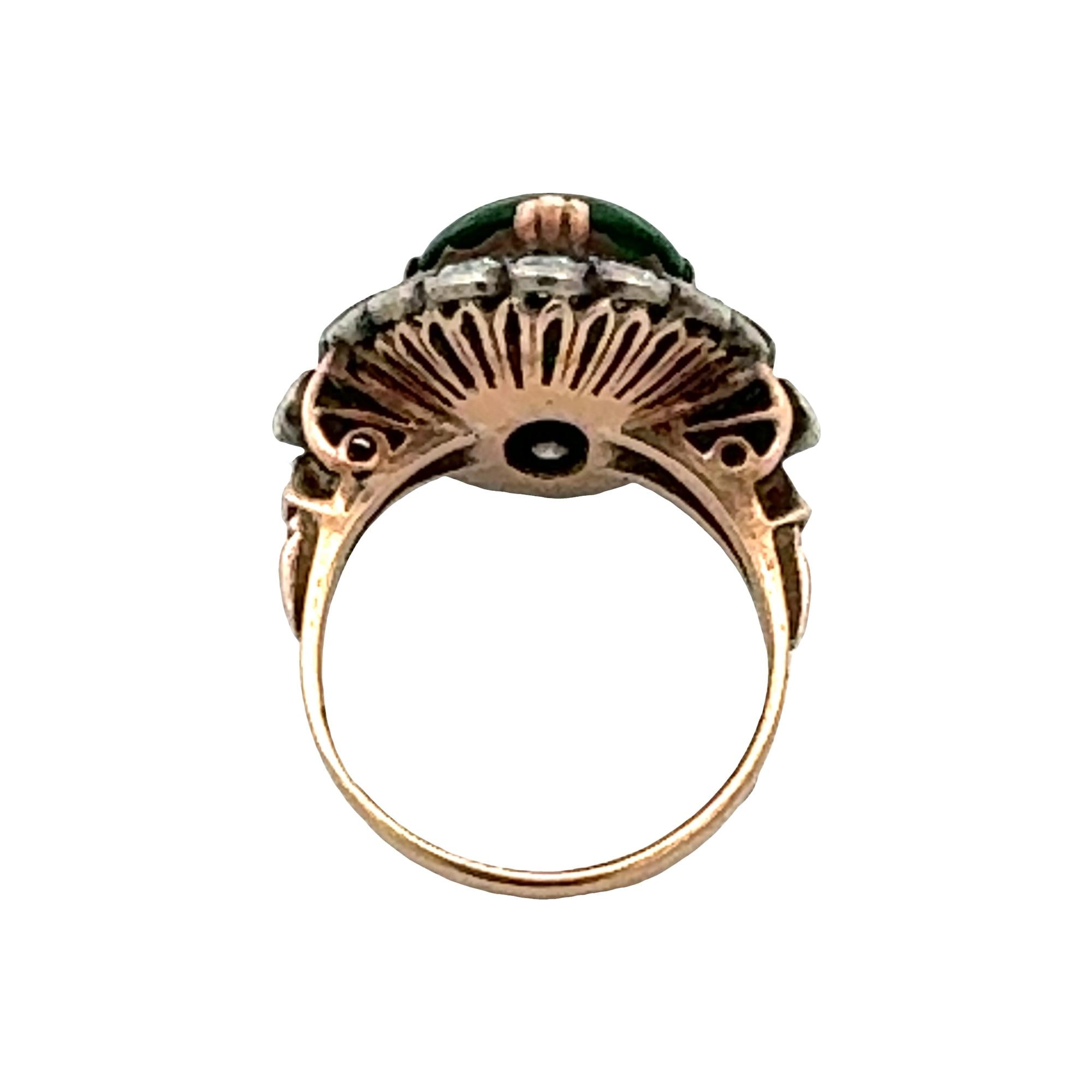 1960's Oval Cabochon Jade Diamond Yellow Gold & Silver Vintage Cocktail Ring