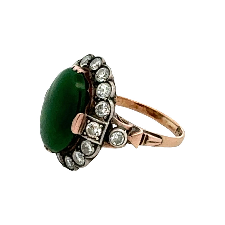 1960's Oval Cabochon Jade Diamond Yellow Gold & Silver Vintage Cocktail Ring