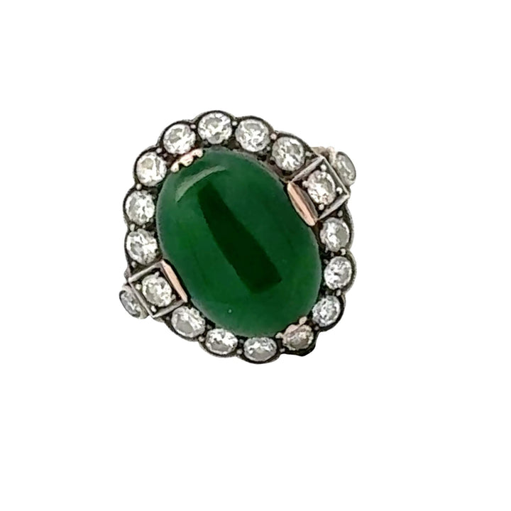 1960's Oval Cabochon Jade Diamond Yellow Gold & Silver Vintage Cocktail Ring