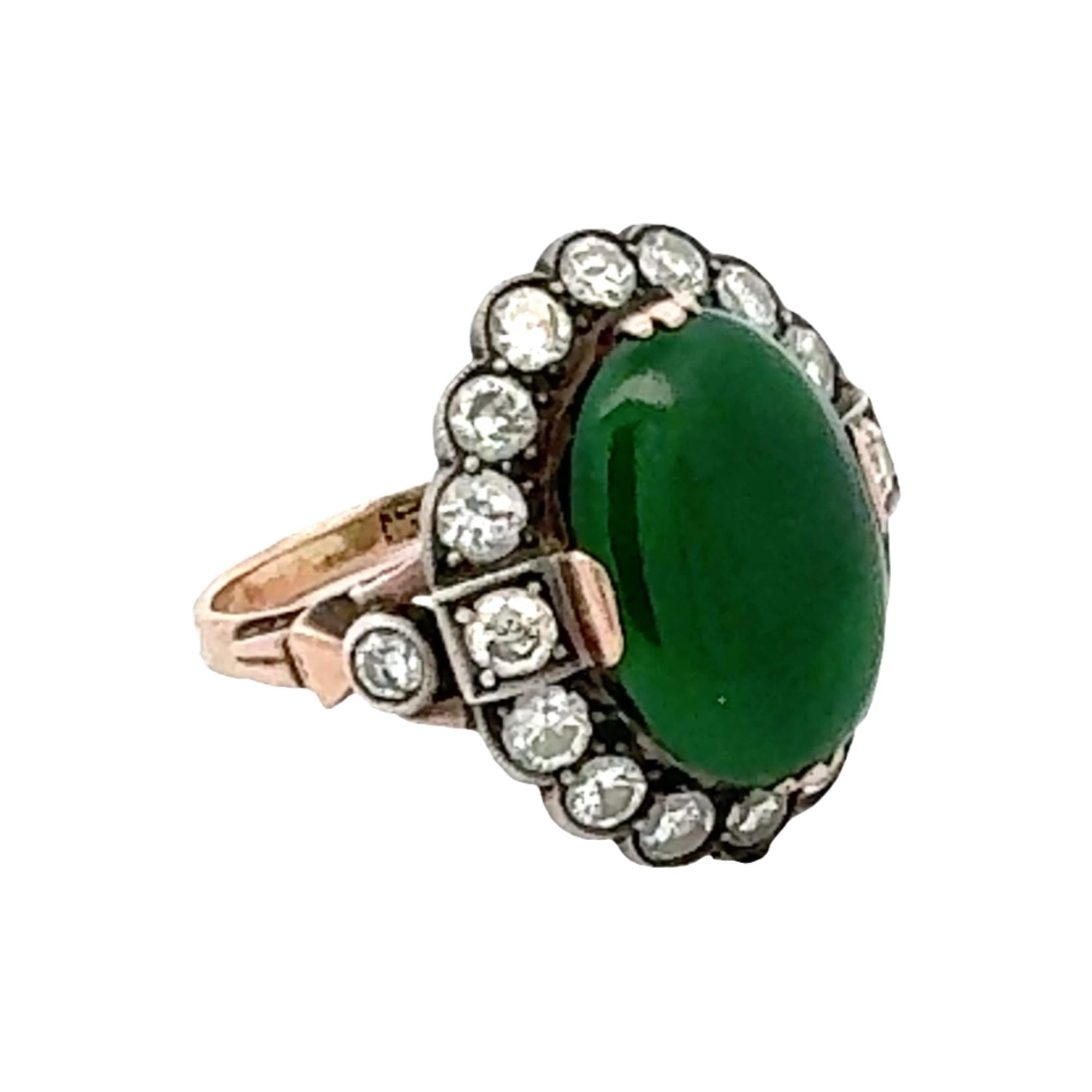 1960's Oval Cabochon Jade Diamond Yellow Gold & Silver Vintage Cocktail Ring