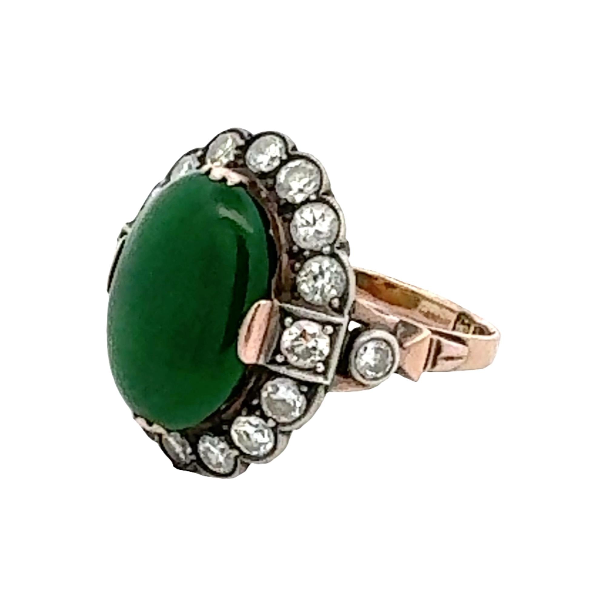 1960's Oval Cabochon Jade Diamond Yellow Gold & Silver Vintage Cocktail Ring