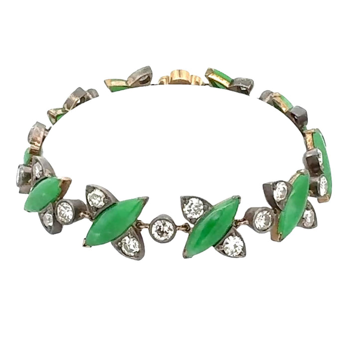 1960's  Jade Diamond 18 Karat Yellow Gold & SS Vinatge Link Bracelet