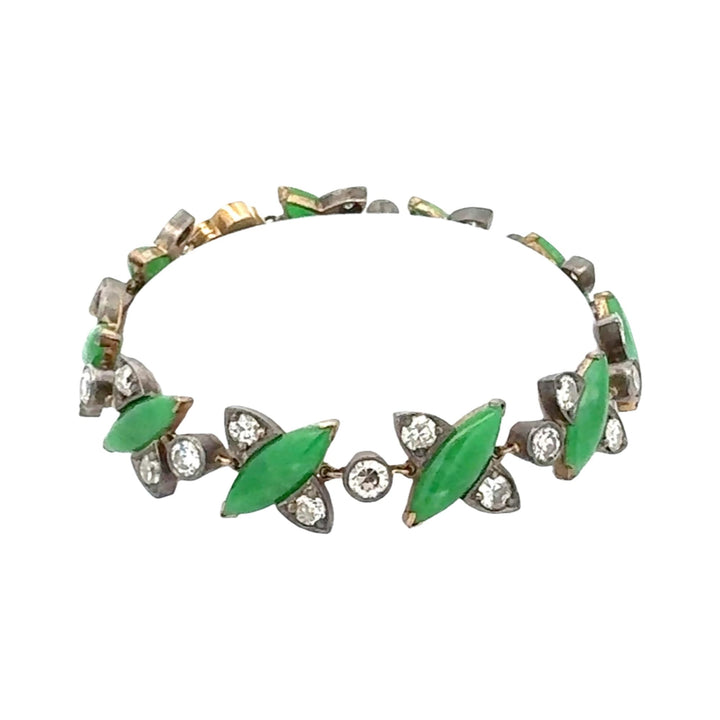 1960's  Jade Diamond 18 Karat Yellow Gold & SS Vinatge Link Bracelet