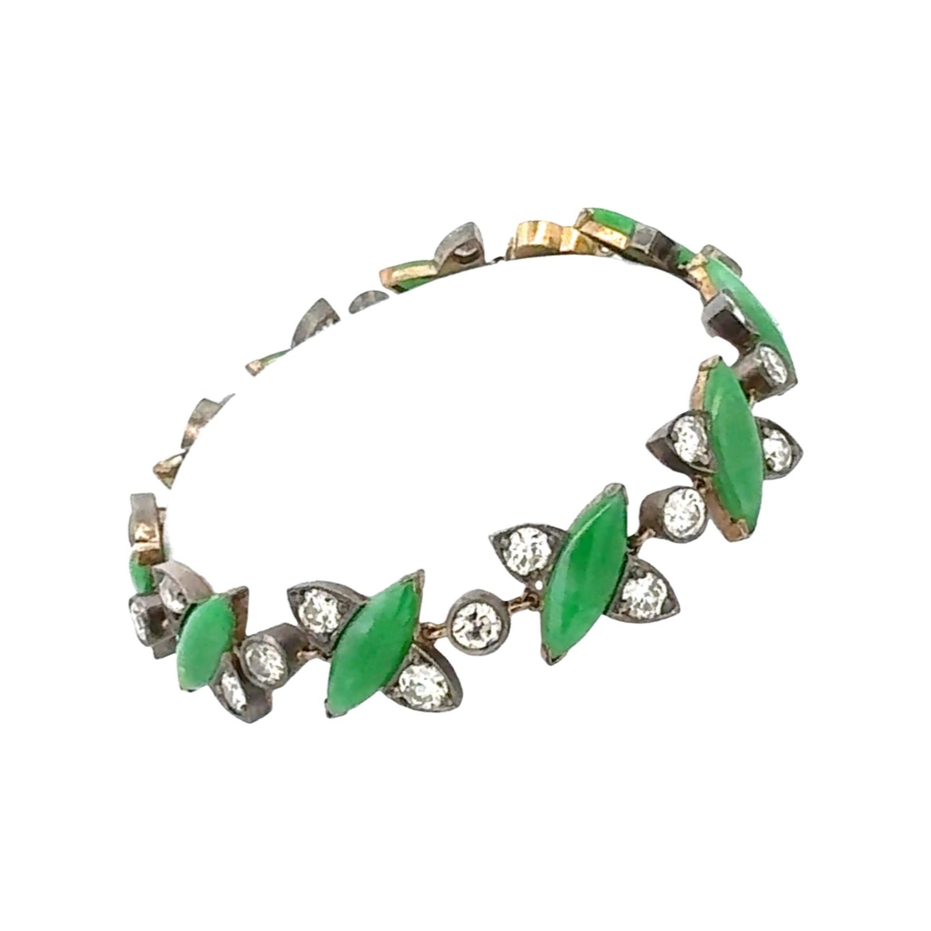 1960's  Jade Diamond 18 Karat Yellow Gold & SS Vinatge Link Bracelet