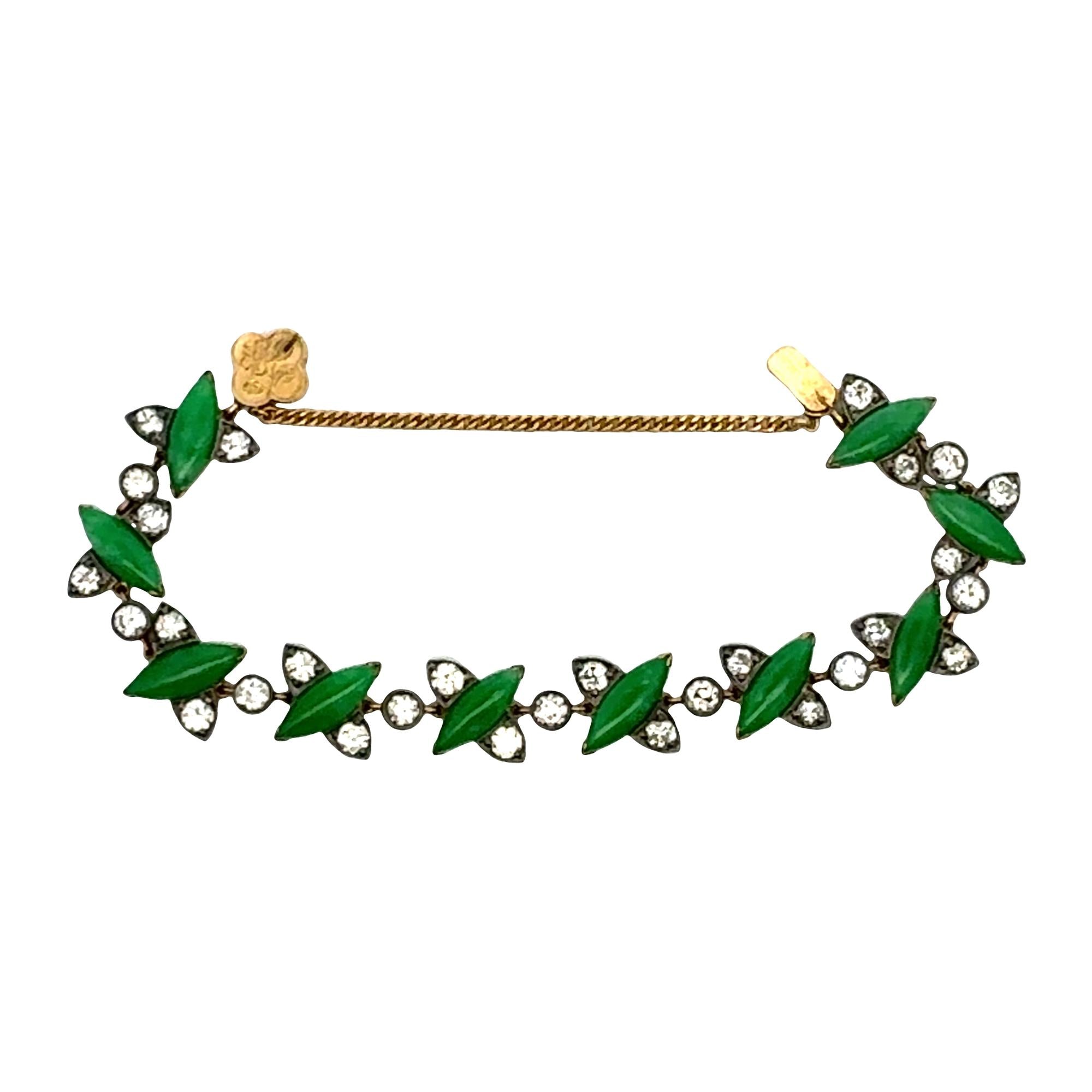 1960's  Jade Diamond 18 Karat Yellow Gold & SS Vinatge Link Bracelet