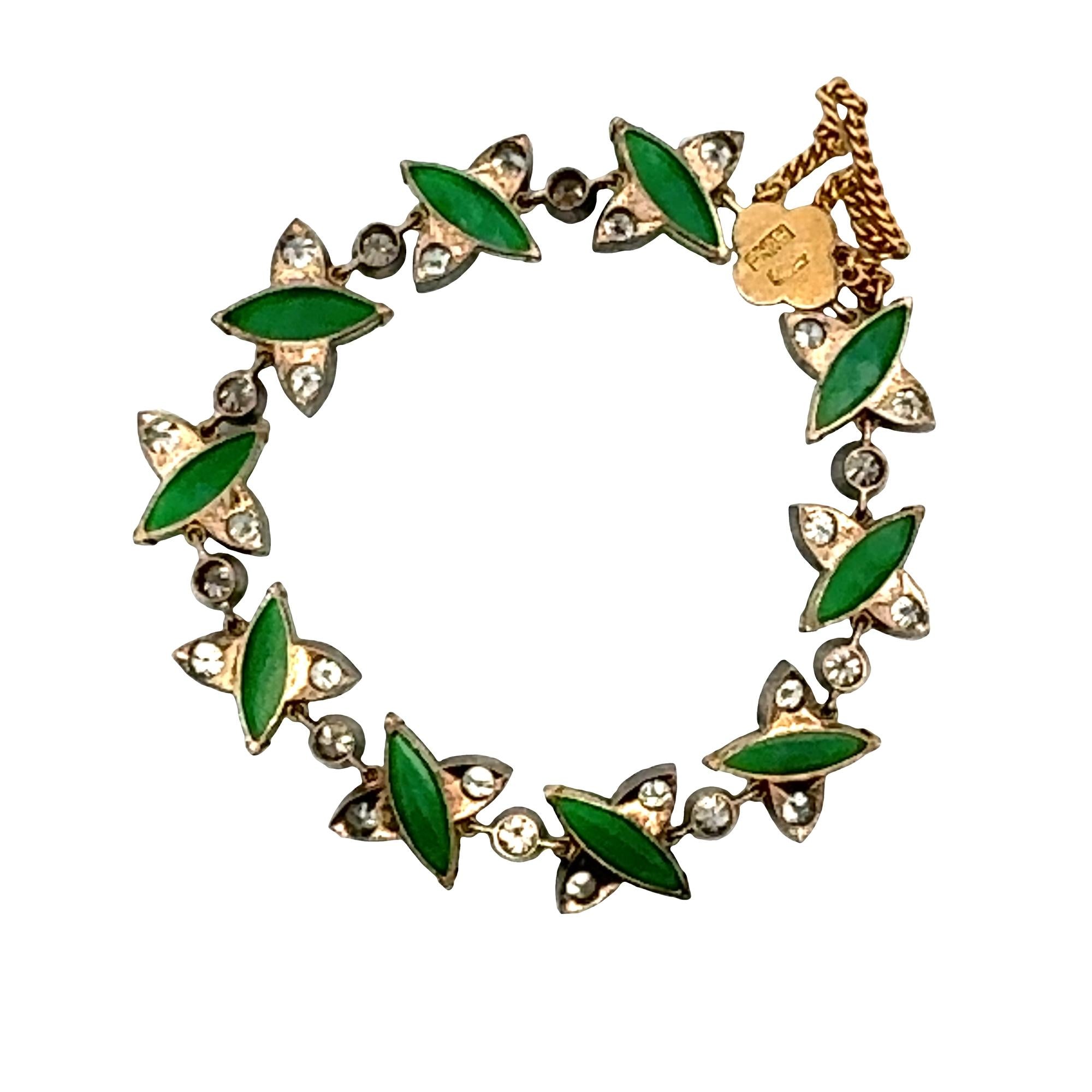 1960's  Jade Diamond 18 Karat Yellow Gold & SS Vinatge Link Bracelet