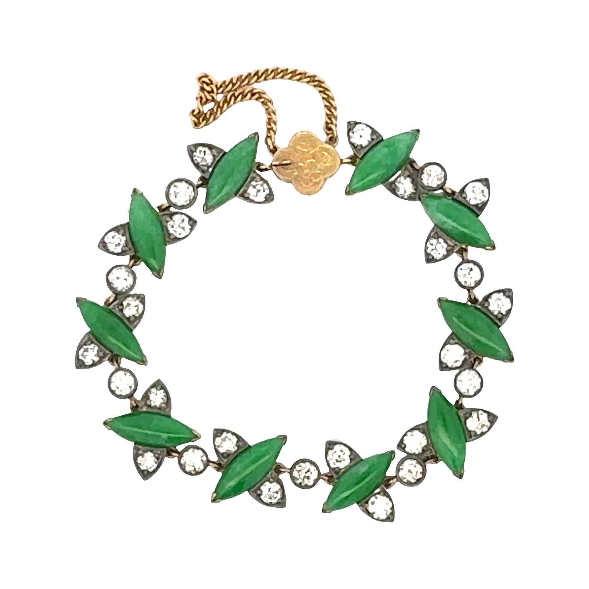 1960's  Jade Diamond 18 Karat Yellow Gold & SS Vinatge Link Bracelet