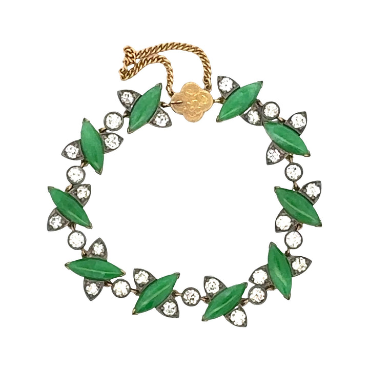1960's  Jade Diamond 18 Karat Yellow Gold & SS Vinatge Link Bracelet