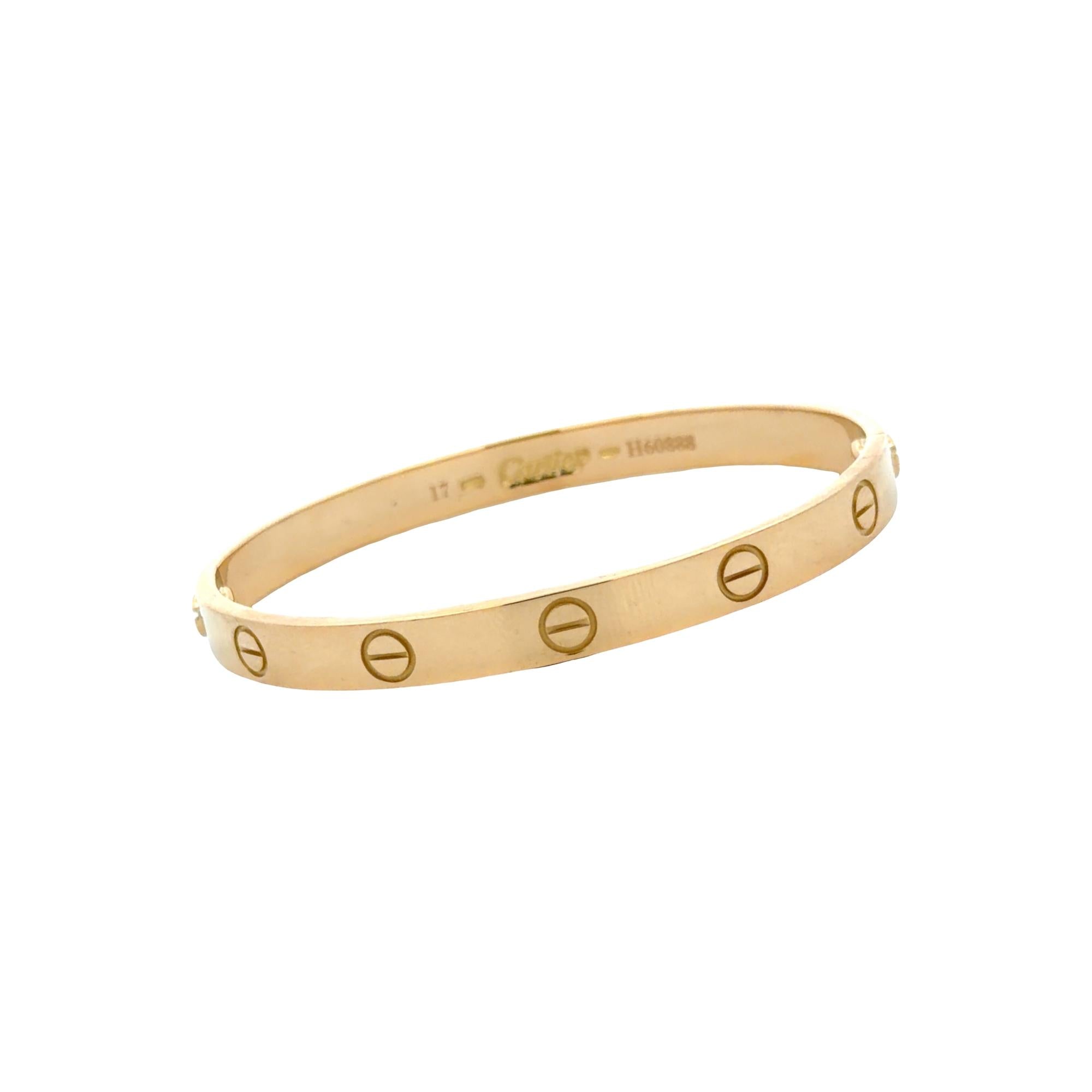 Cartier LOVE 18 Karat Yellow Gold Bangle Bracelet Size 17