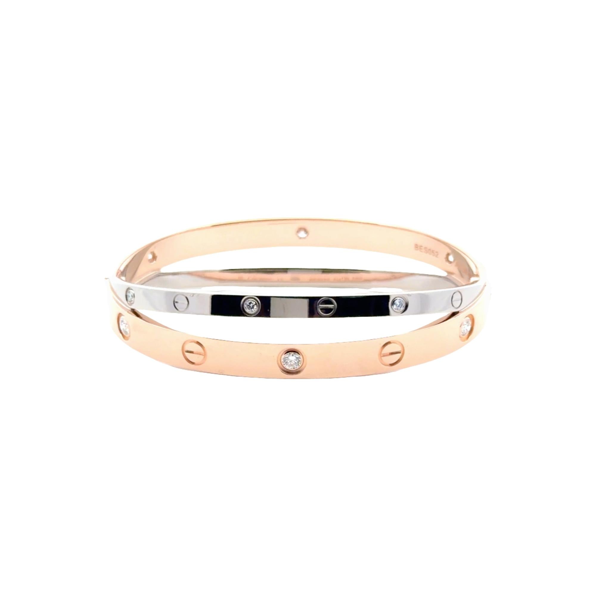 Cartier 18K Rose /White Gold Crossover Double 12 Diamond LOVE Bracelet Size 17