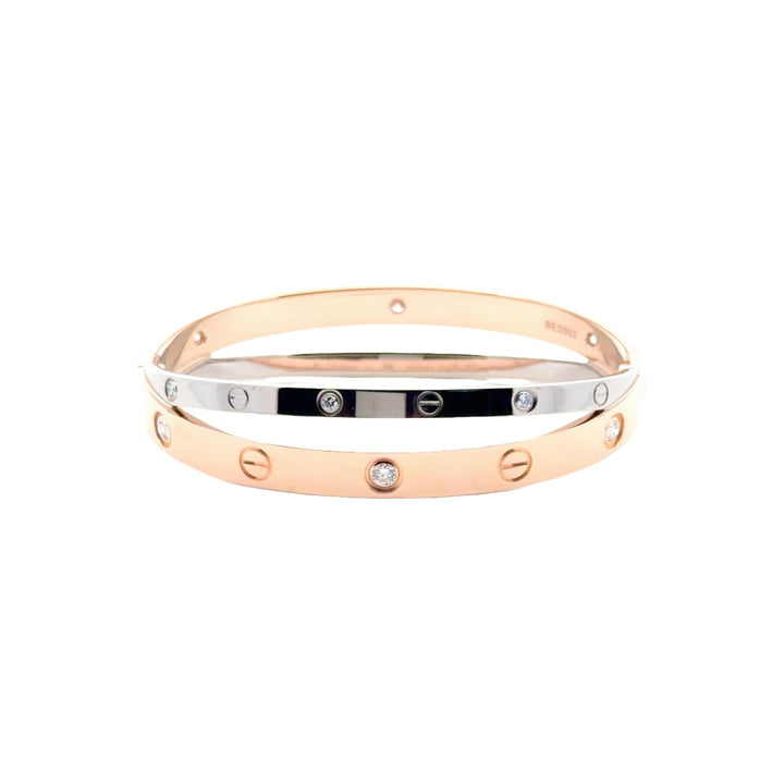 Cartier 18K Rose /White Gold Crossover Double 12 Diamond LOVE Bracelet Size 17