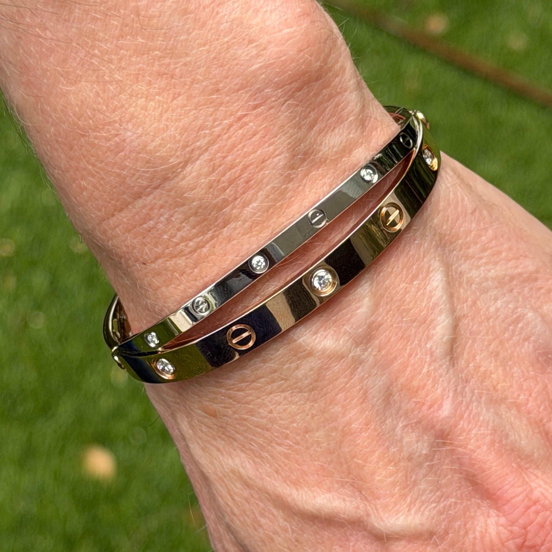 Cartier 18K Rose /White Gold Crossover Double 12 Diamond LOVE Bracelet Size 17