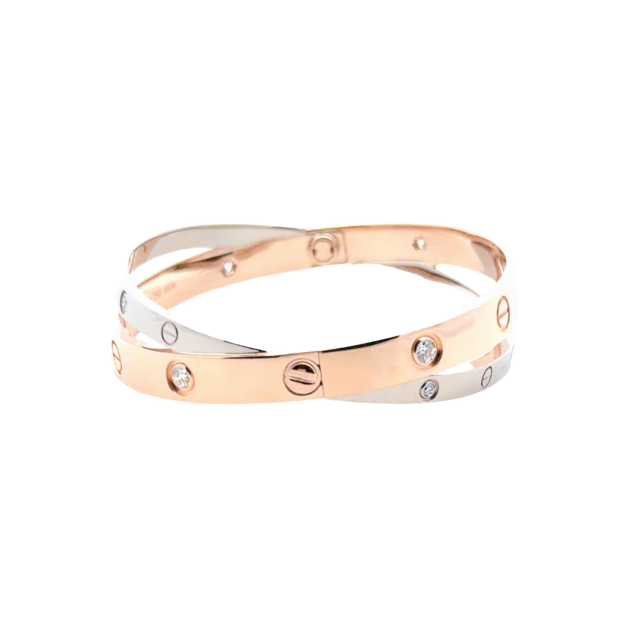 Cartier 18K Rose /White Gold Crossover Double 12 Diamond LOVE Bracelet Size 17