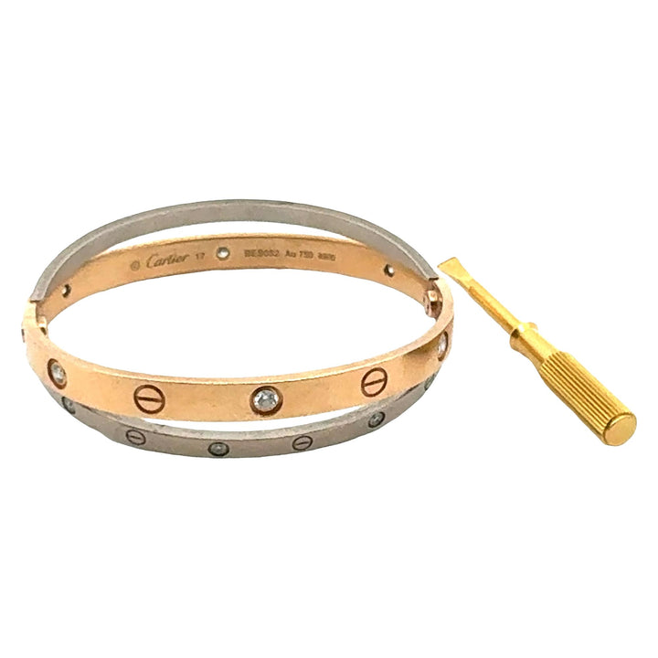 Cartier 18K Rose /White Gold Crossover Double 12 Diamond LOVE Bracelet Size 17