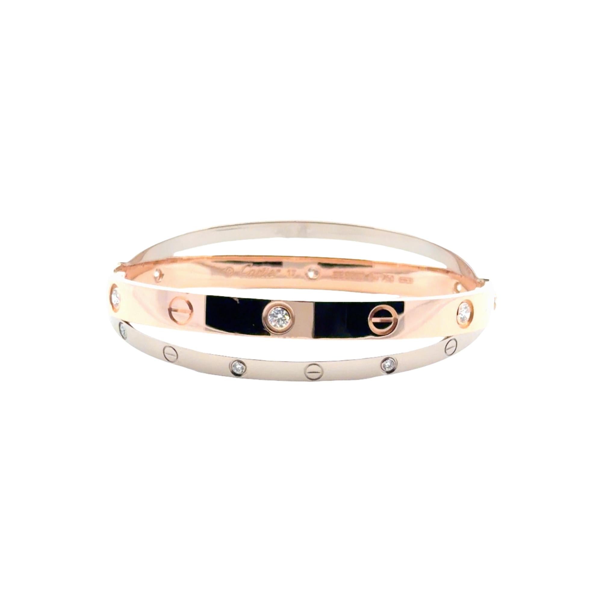 Cartier 18K Rose /White Gold Crossover Double 12 Diamond LOVE Bracelet Size 17