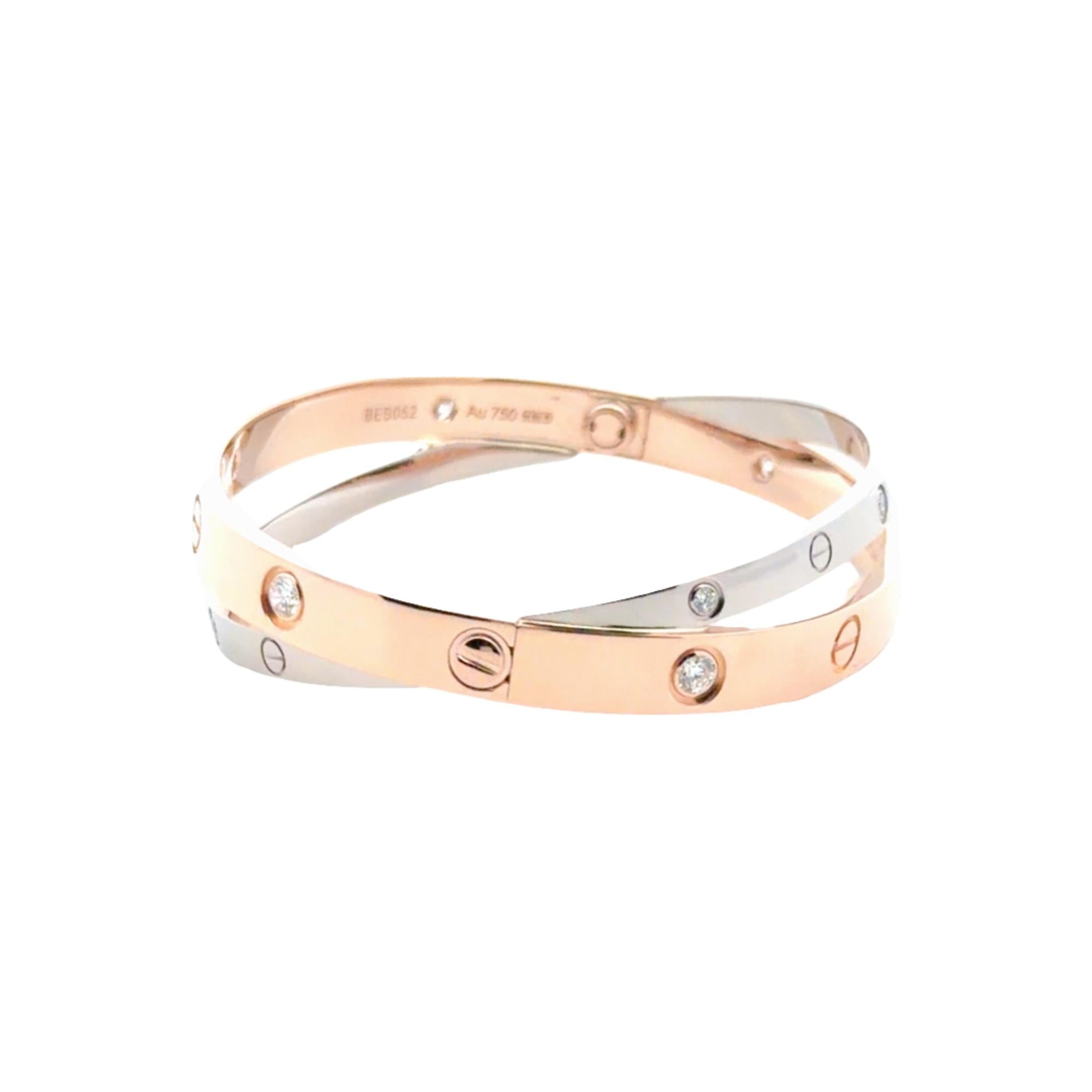 Cartier 18K Rose /White Gold Crossover Double 12 Diamond LOVE Bracelet Size 17