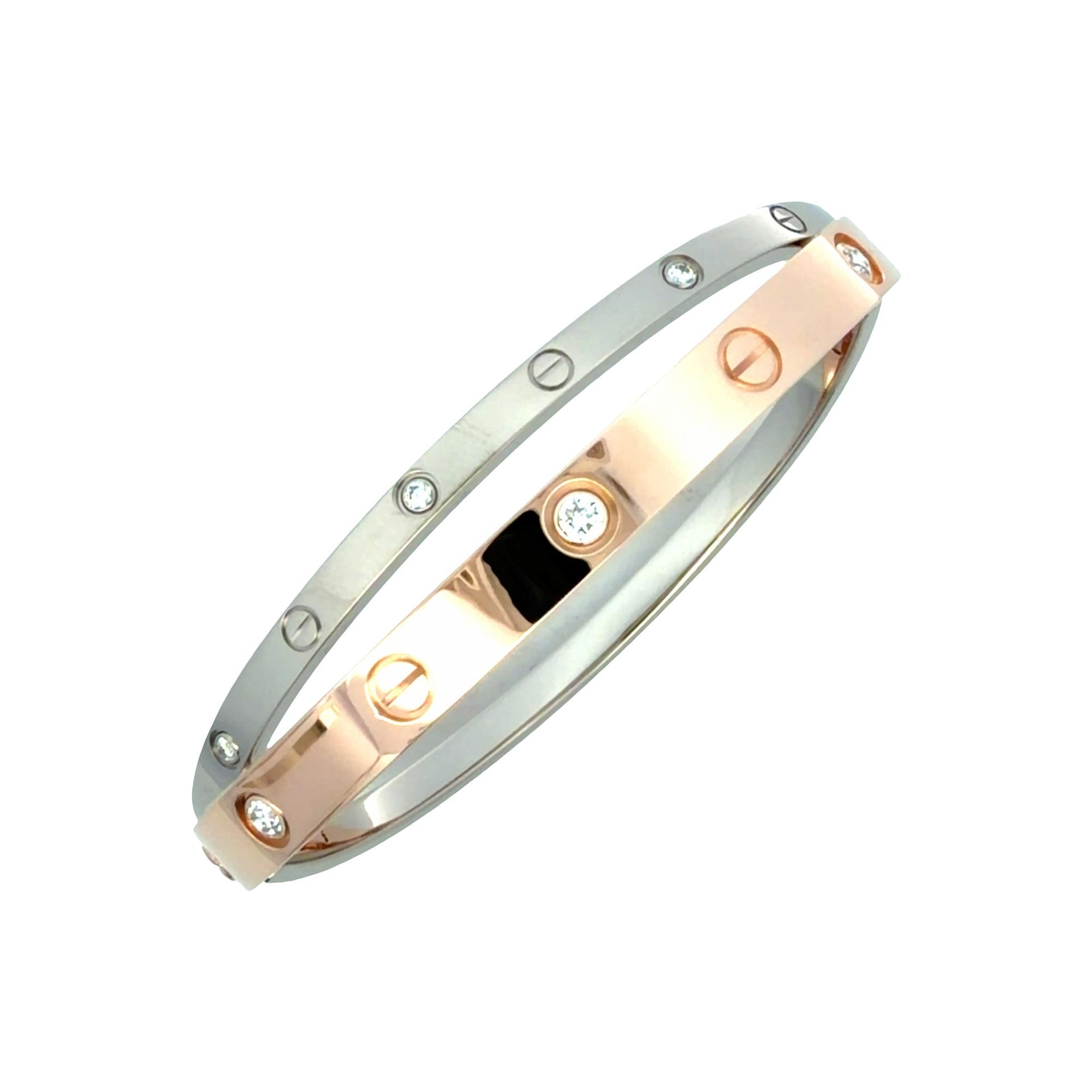 Cartier 18K Rose /White Gold Crossover Double 12 Diamond LOVE Bracelet Size 17