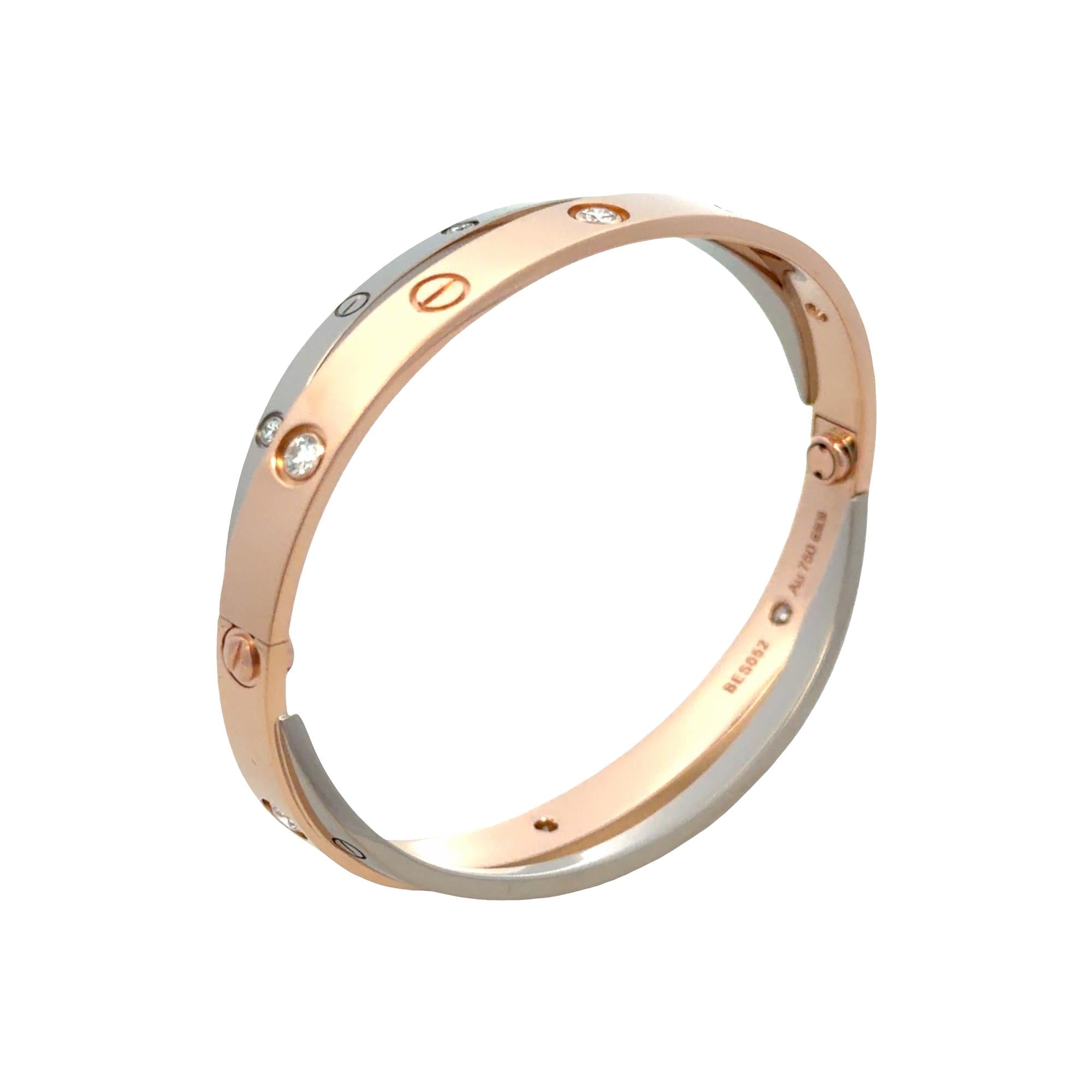Cartier 18K Rose /White Gold Crossover Double 12 Diamond LOVE Bracelet Size 17
