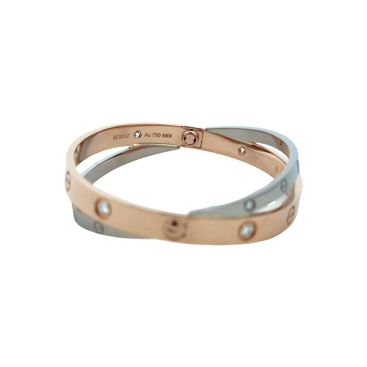 Cartier 18K Rose /White Gold Crossover Double 12 Diamond LOVE Bracelet Size 17