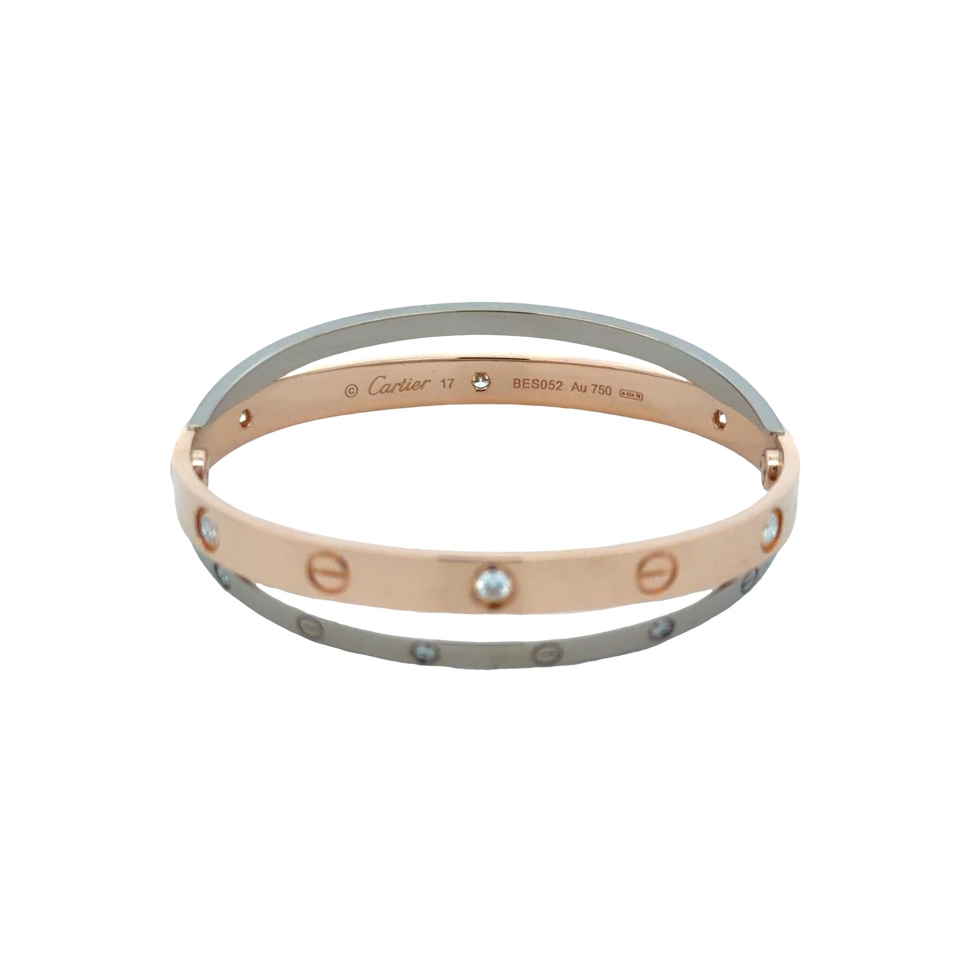 Cartier 18K Rose /White Gold Crossover Double 12 Diamond LOVE Bracelet Size 17