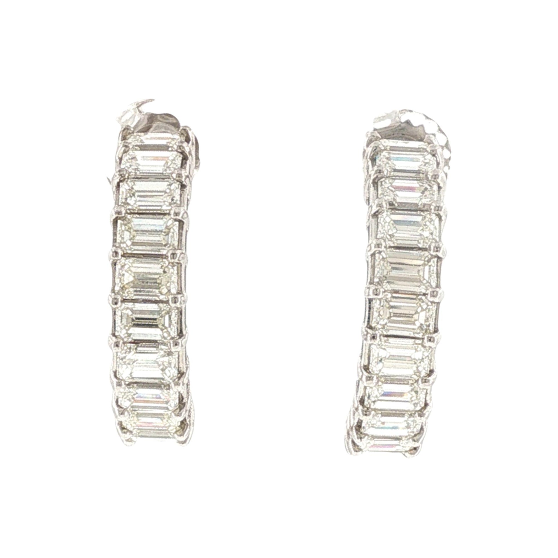 Emerald Cut Diamond Half Hoop 18 Karat White Gold Earrings Modern