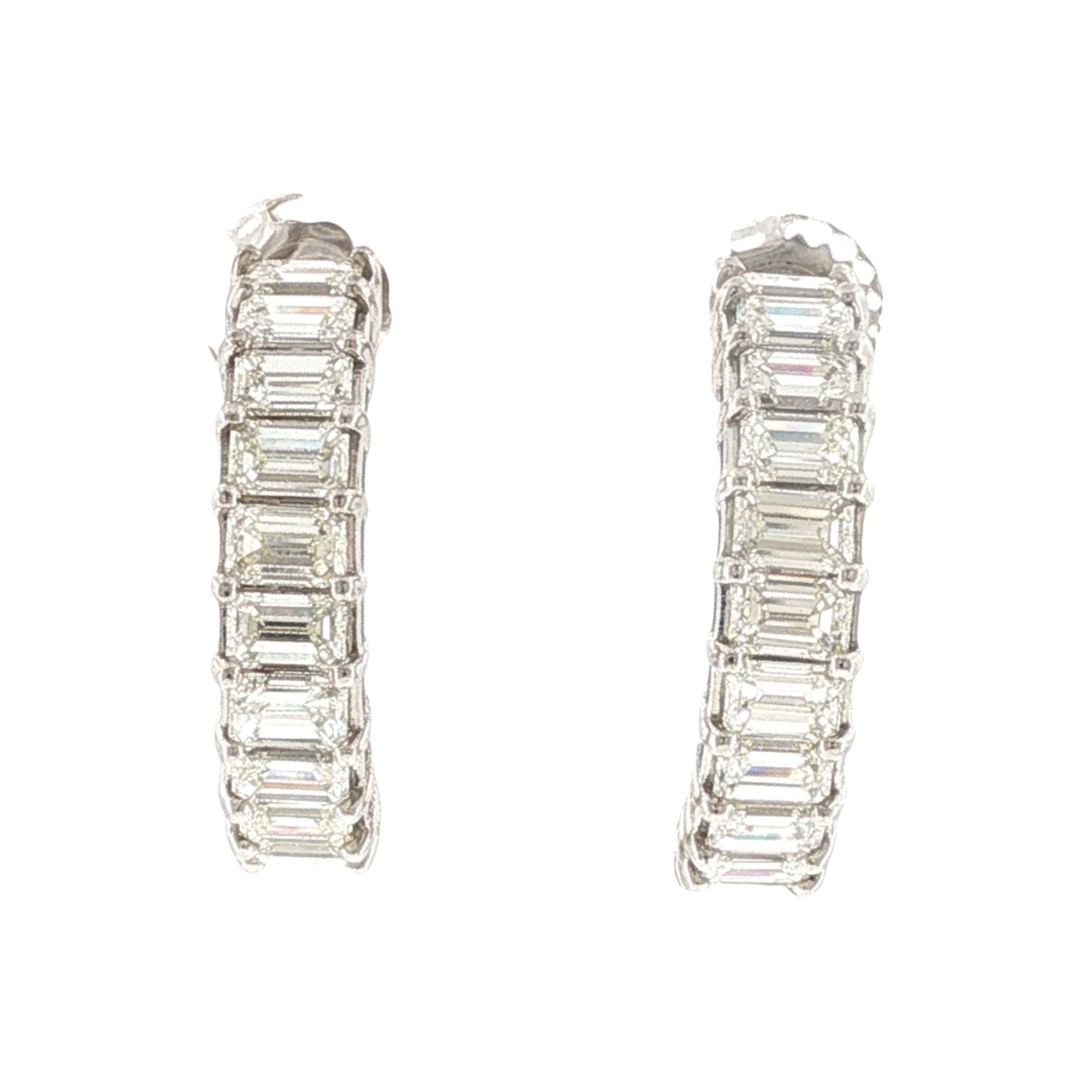 Emerald Cut Diamond Half Hoop 18 Karat White Gold Earrings Modern
