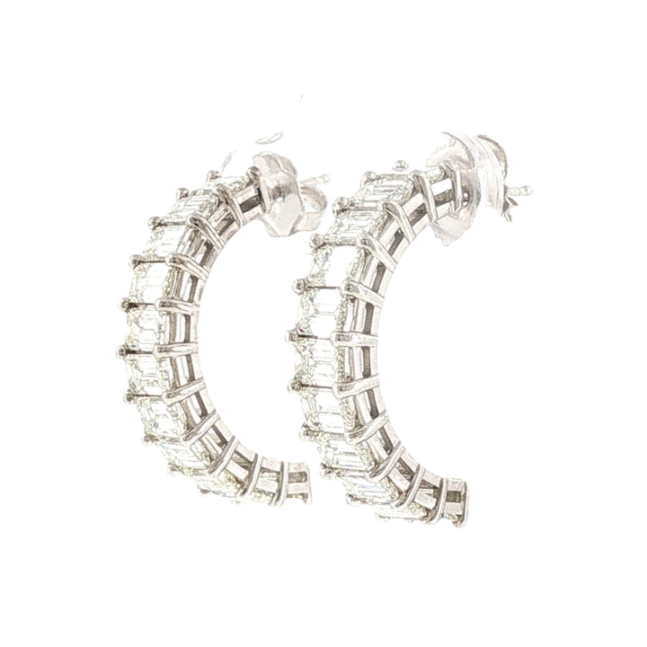 Emerald Cut Diamond Half Hoop 18 Karat White Gold Earrings Modern