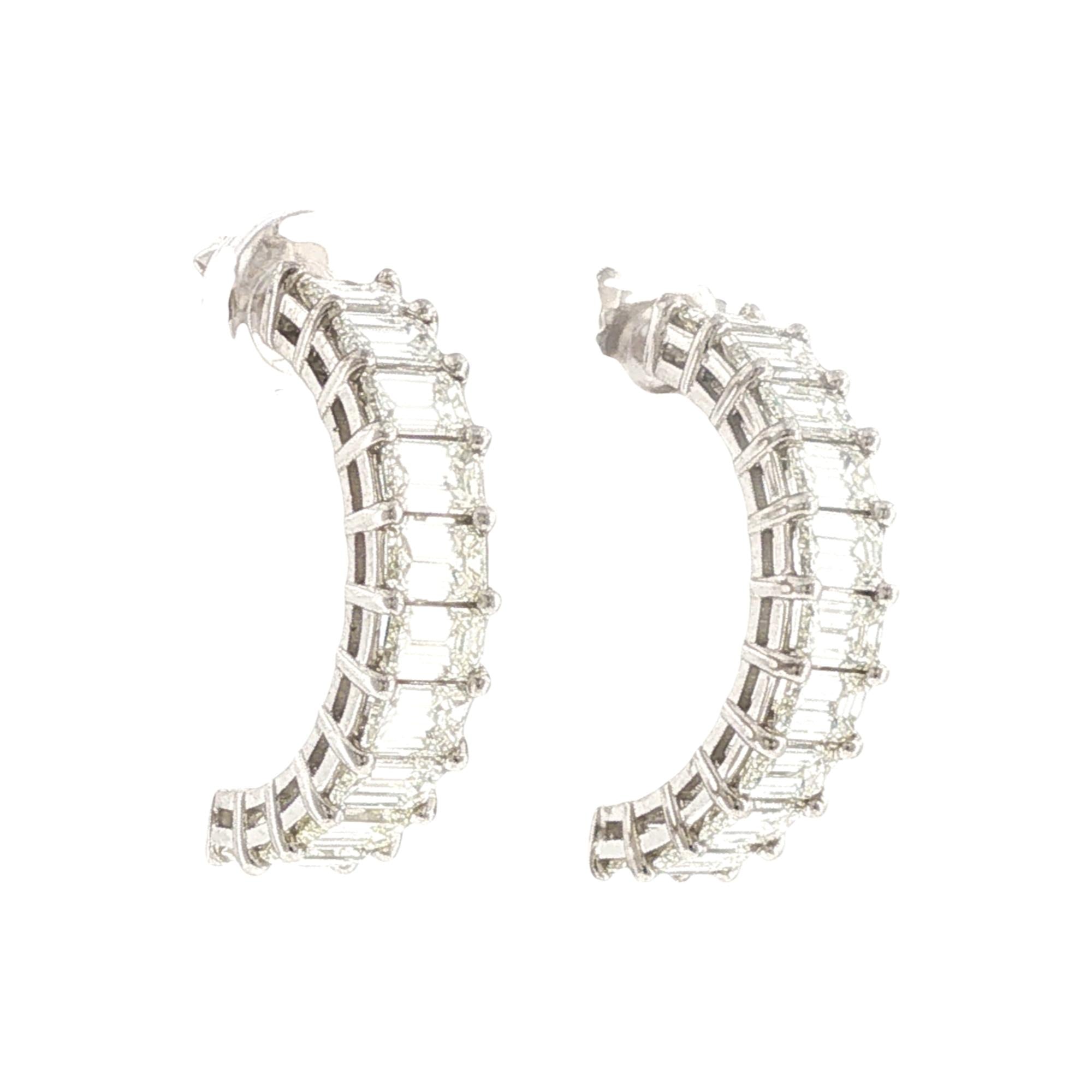 Emerald Cut Diamond Half Hoop 18 Karat White Gold Earrings Modern