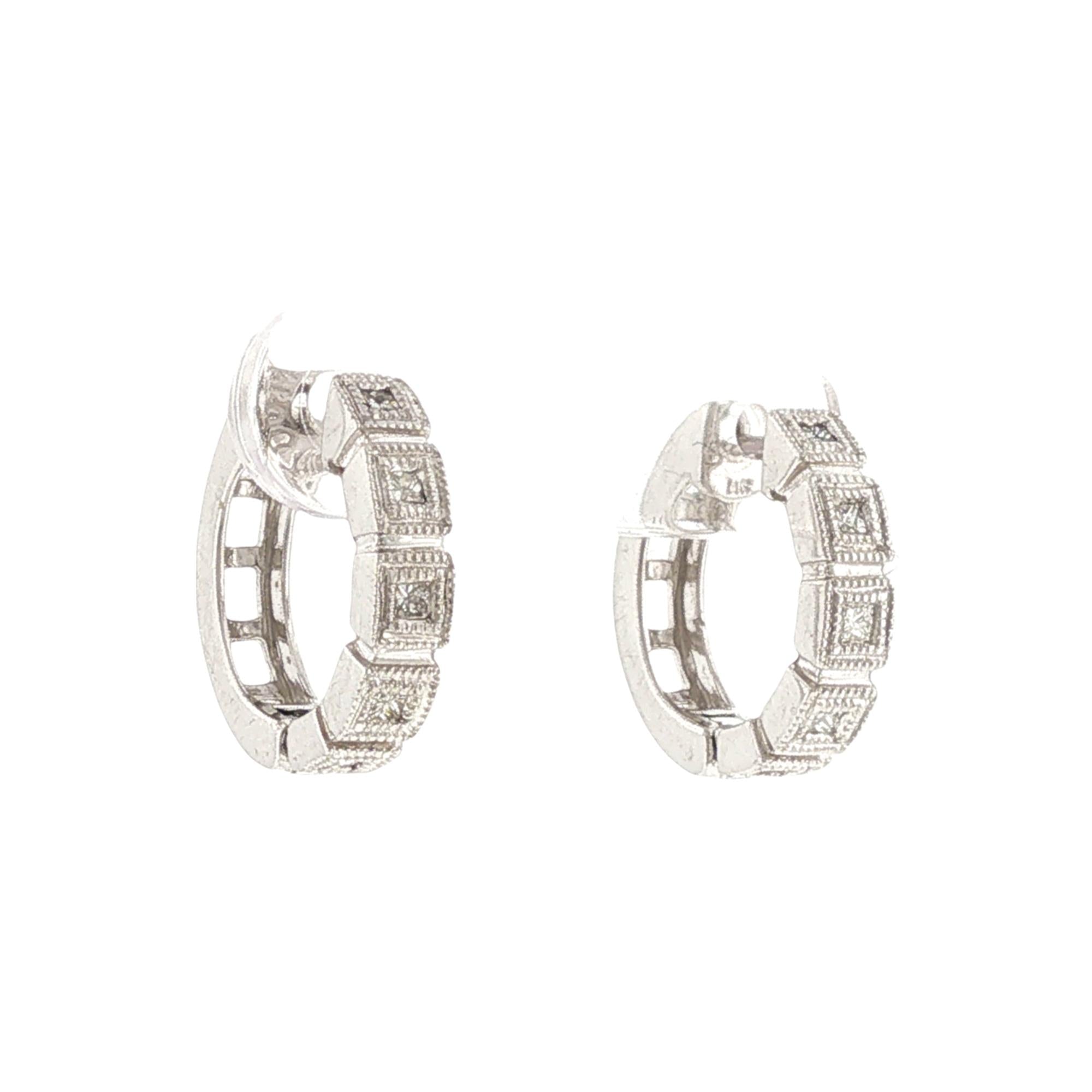 Princess Cut Diamond Huggie Hoop 14 Karat White Gold Earrings