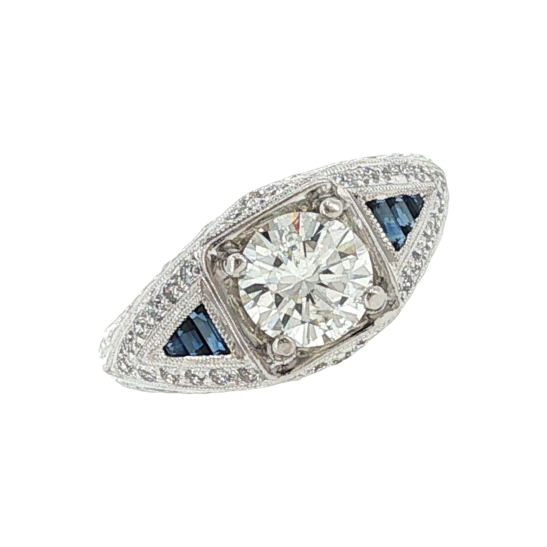Art Deco Style Diamond Sapphire Platinum Engagement Ring