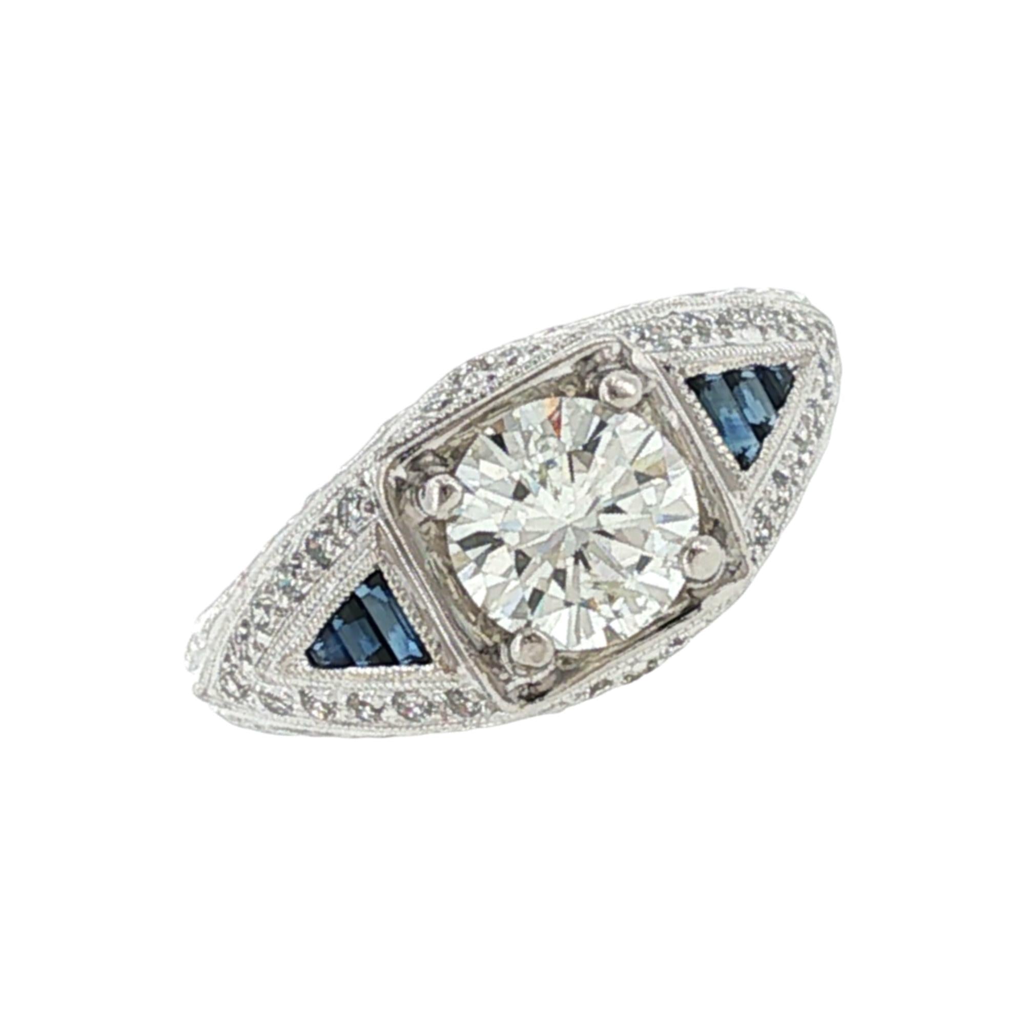Art Deco Style Diamond Sapphire Platinum Engagement Ring