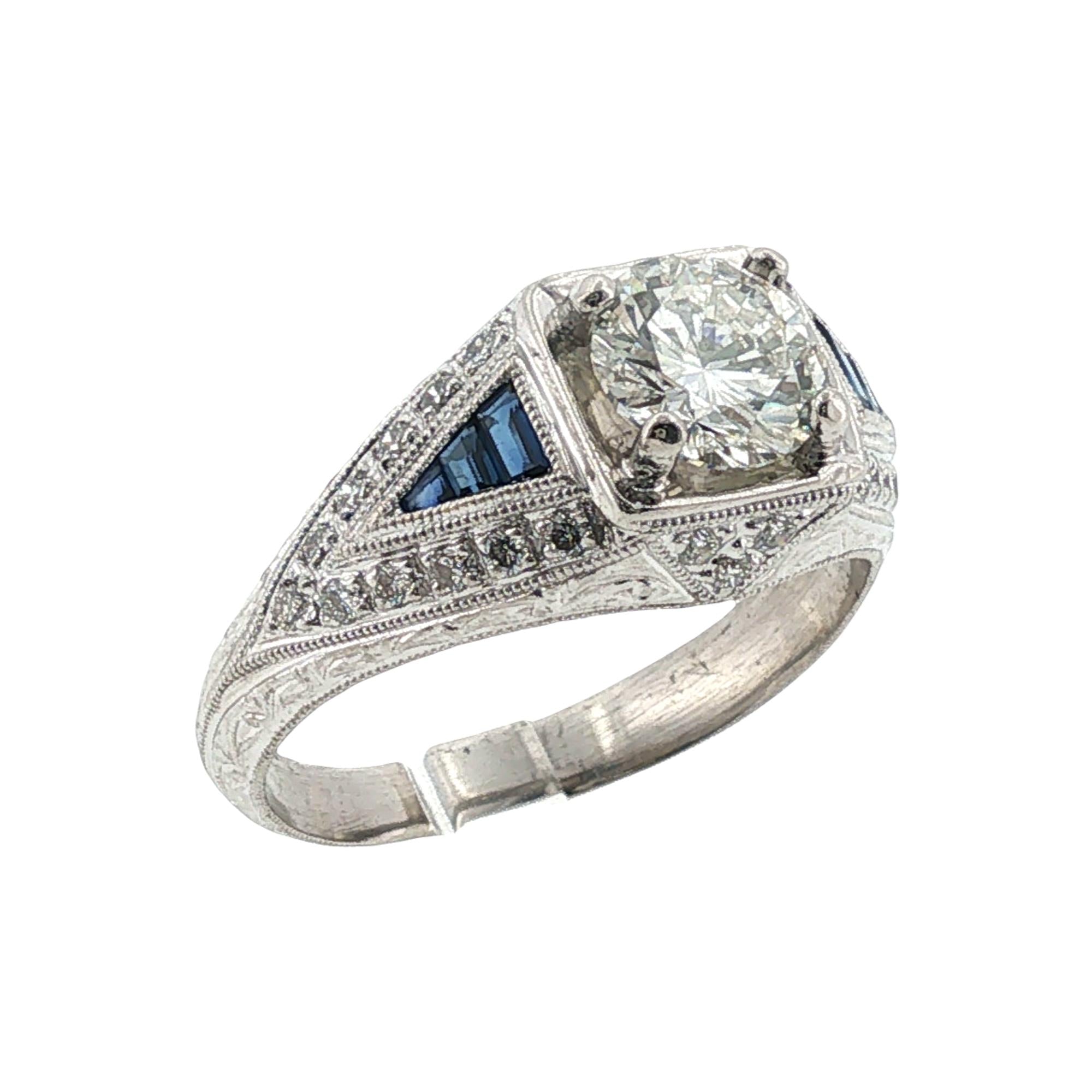 Art Deco Style Diamond Sapphire Platinum Engagement Ring
