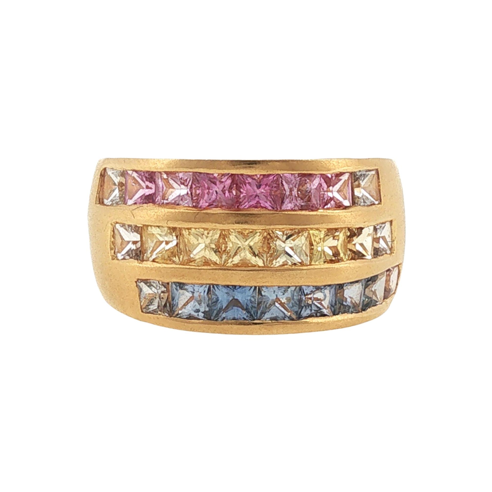 Rainbow Pink Yellow Blue Sapphire Three Row 18 Karat Yellow Gold Band Ring