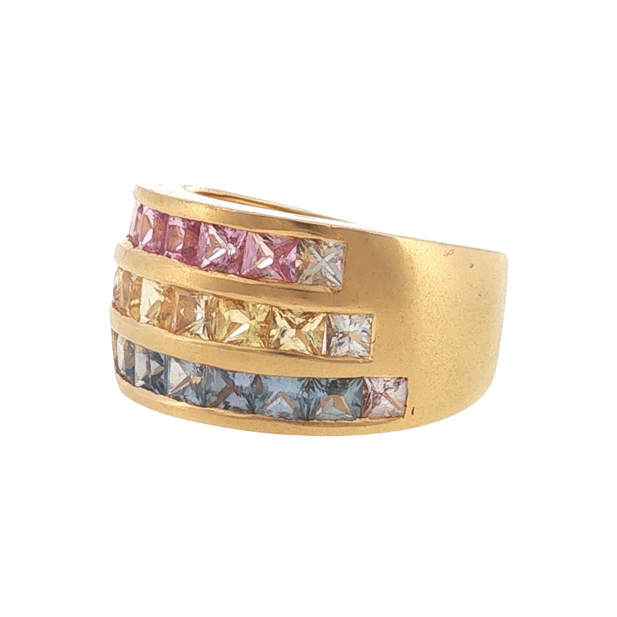 Rainbow Pink Yellow Blue Sapphire Three Row 18 Karat Yellow Gold Band Ring