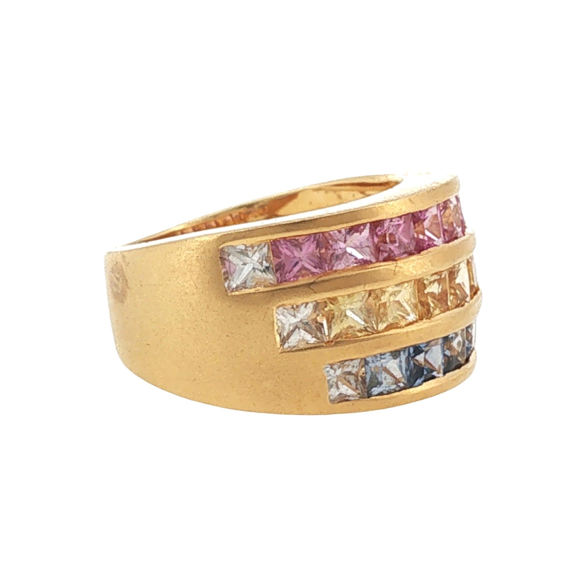 Rainbow Pink Yellow Blue Sapphire Three Row 18 Karat Yellow Gold Band Ring