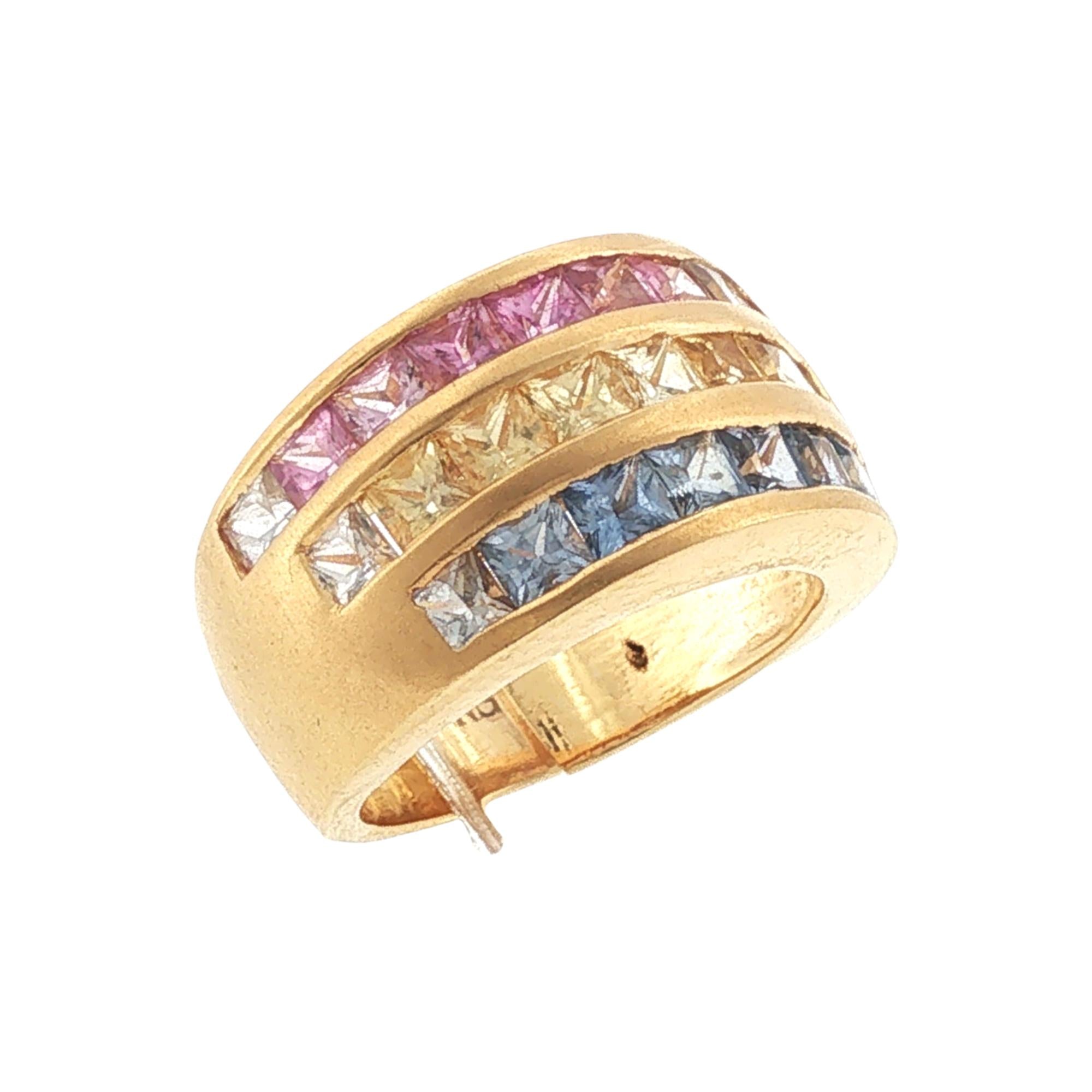 Rainbow Pink Yellow Blue Sapphire Three Row 18 Karat Yellow Gold Band Ring