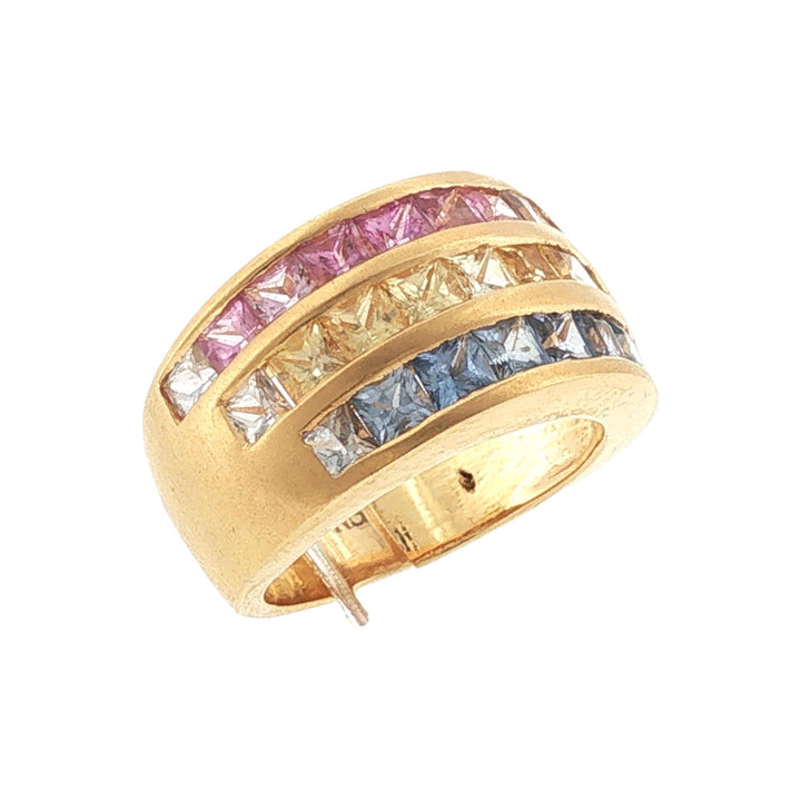 Rainbow Pink Yellow Blue Sapphire Three Row 18 Karat Yellow Gold Band Ring