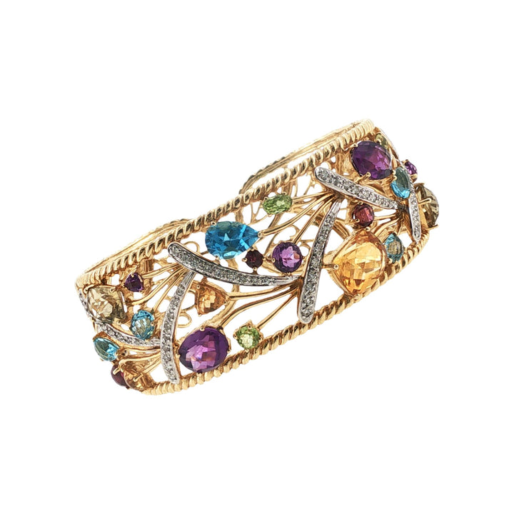 Diamond Colorful Gemstone 14 Karat Yellow Gold Hinged Cuff Bangle Bracelet