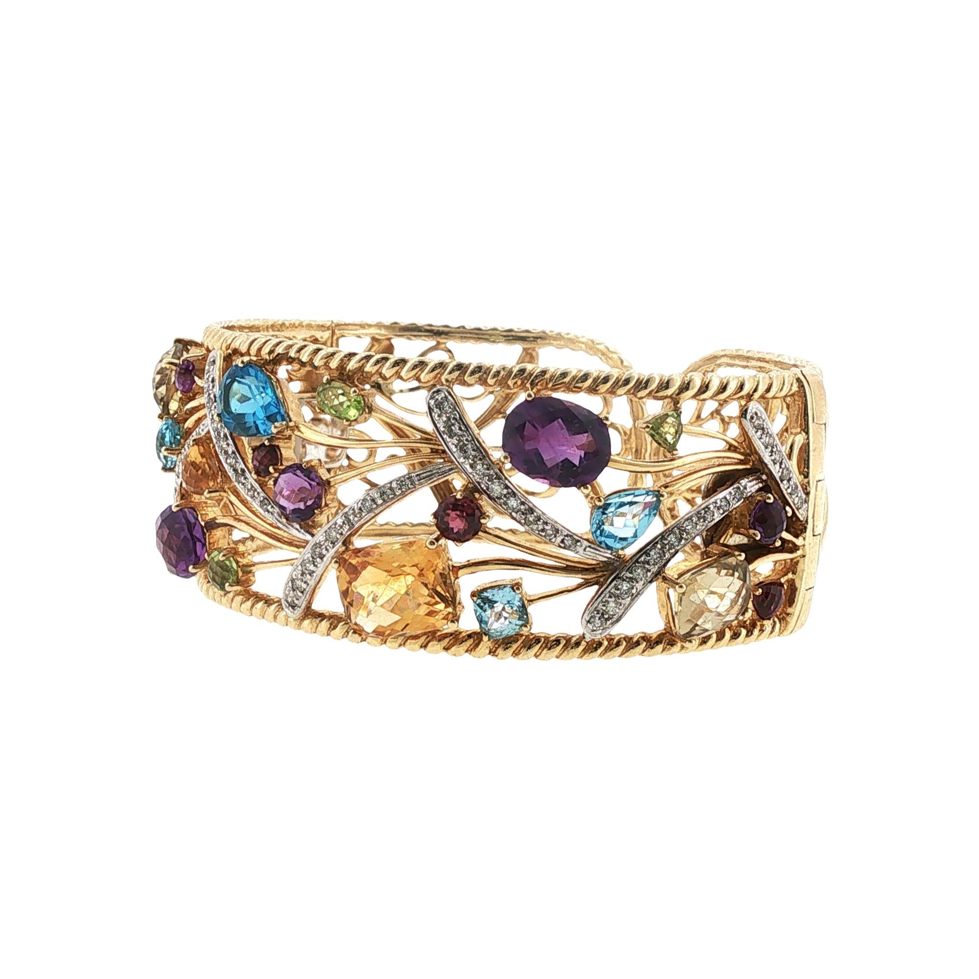Diamond Colorful Gemstone 14 Karat Yellow Gold Hinged Cuff Bangle Bracelet