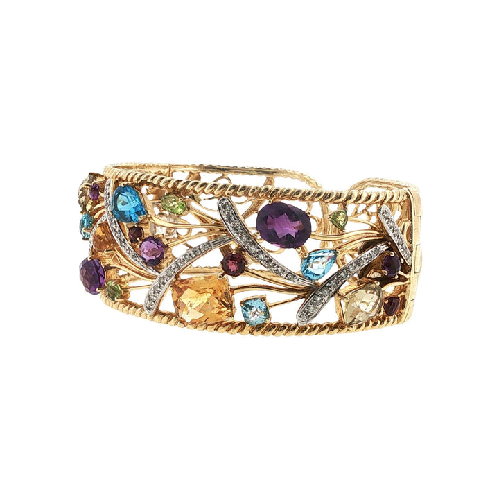 Diamond Colorful Gemstone 14 Karat Yellow Gold Hinged Cuff Bangle Bracelet