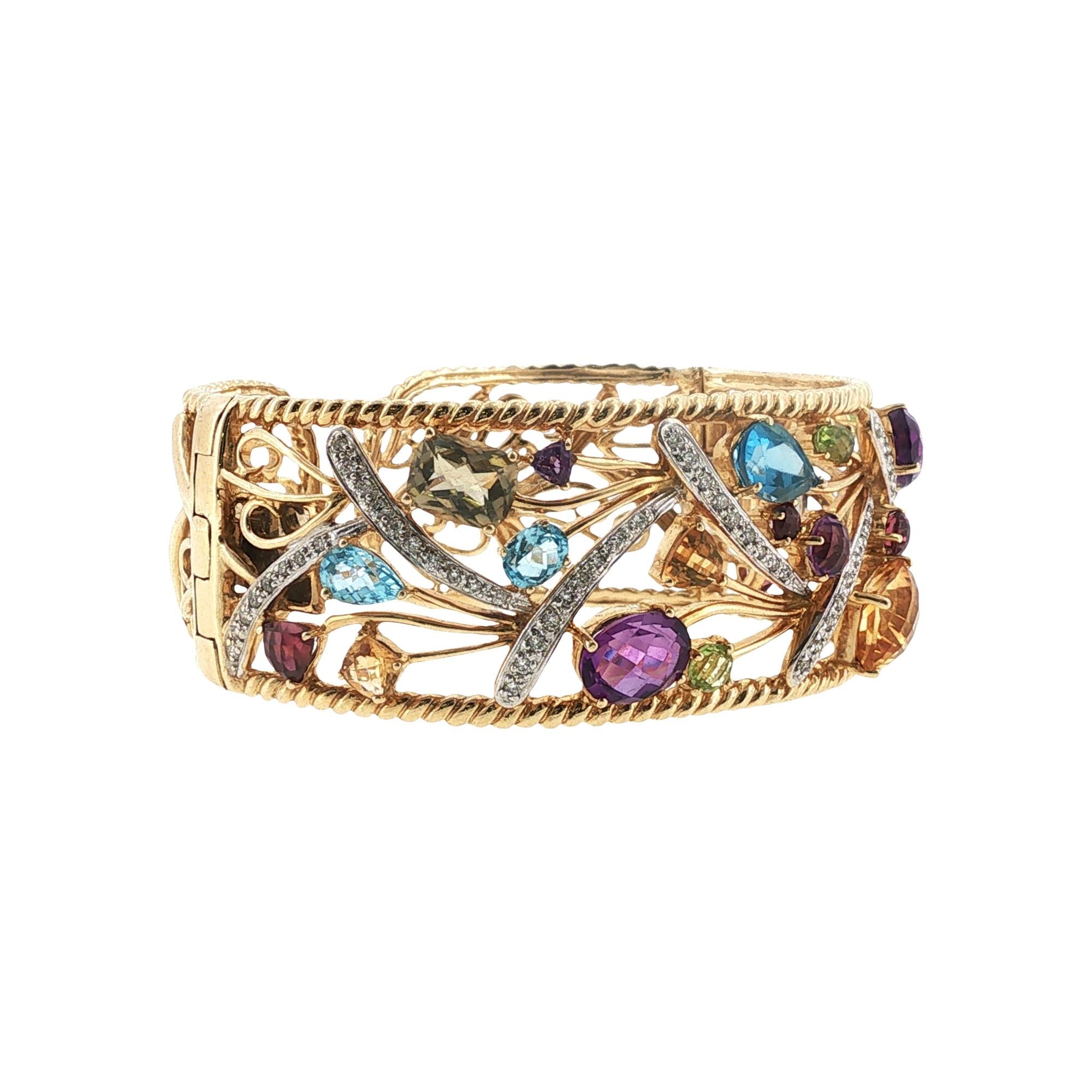 Diamond Colorful Gemstone 14 Karat Yellow Gold Hinged Cuff Bangle Bracelet