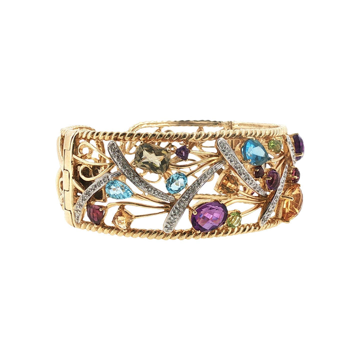 Diamond Colorful Gemstone 14 Karat Yellow Gold Hinged Cuff Bangle Bracelet