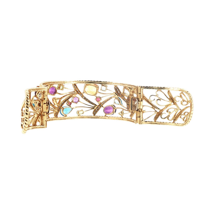 Diamond Colorful Gemstone 14 Karat Yellow Gold Hinged Cuff Bangle Bracelet