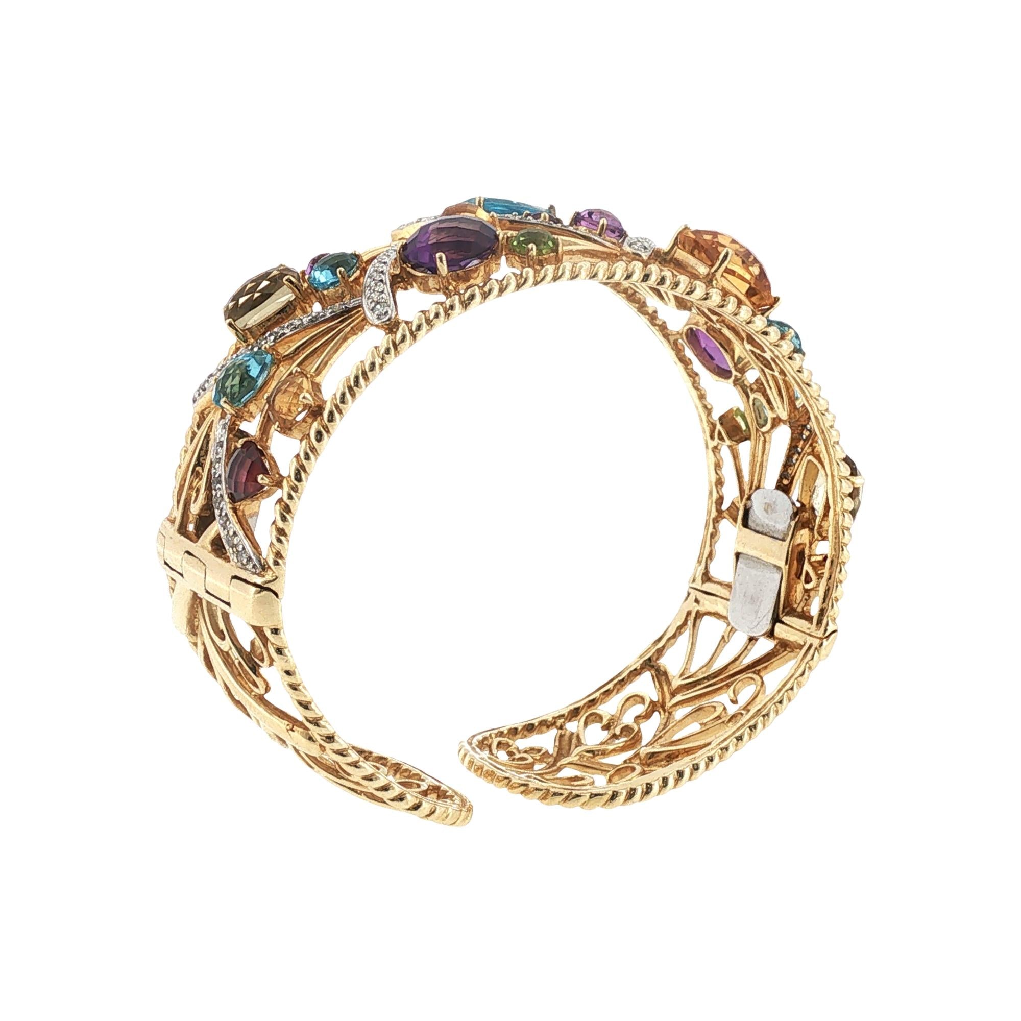 Diamond Colorful Gemstone 14 Karat Yellow Gold Hinged Cuff Bangle Bracelet