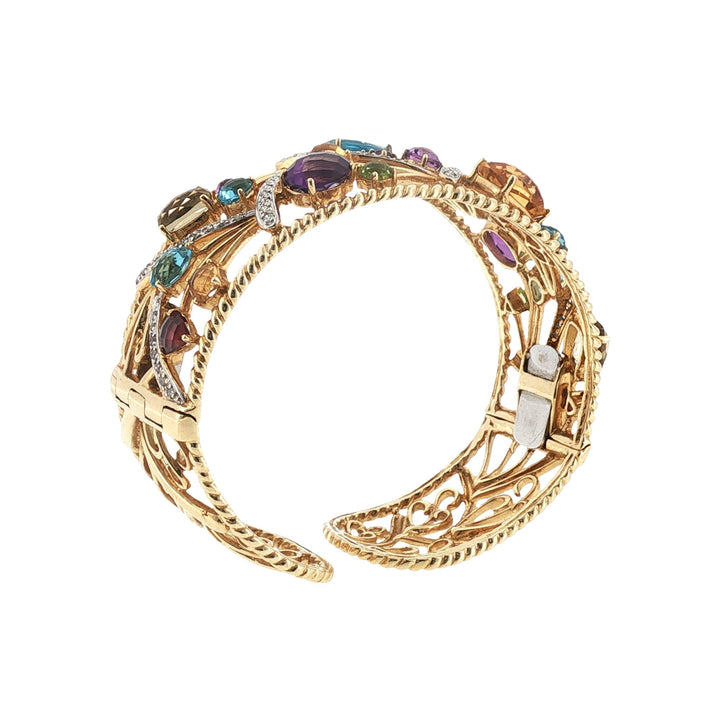Diamond Colorful Gemstone 14 Karat Yellow Gold Hinged Cuff Bangle Bracelet