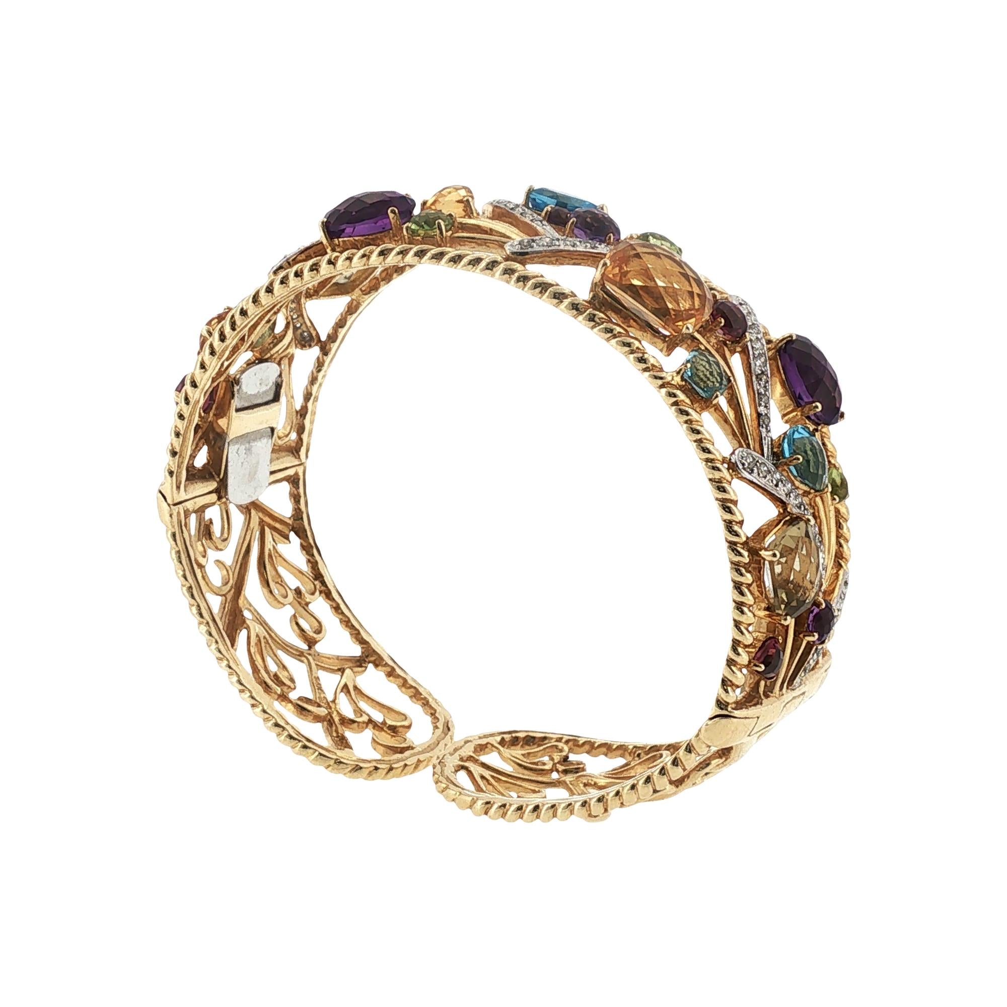 Diamond Colorful Gemstone 14 Karat Yellow Gold Hinged Cuff Bangle Bracelet